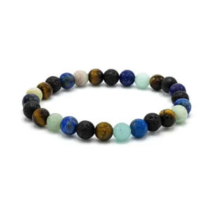 010012714 Armband voor brede pols met lapis lazuli, lavasteen, tijgeroog en amazoniet