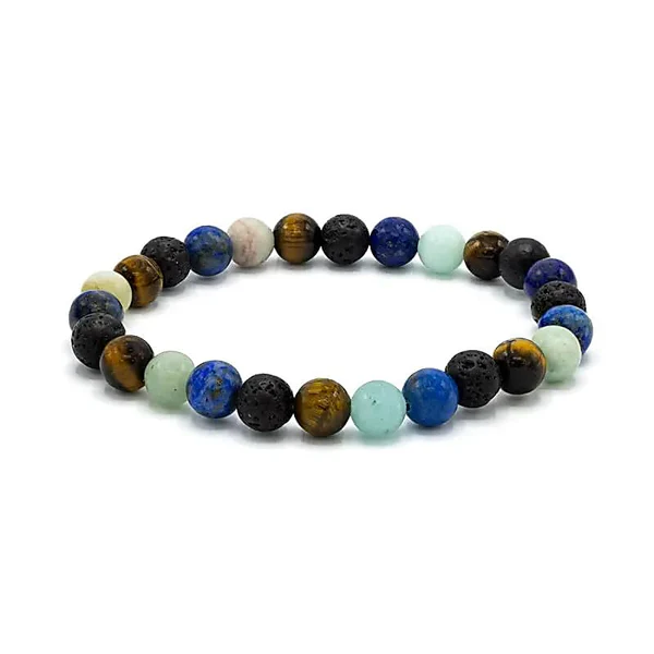 010012714 Armband voor brede pols met lapis lazuli, lavasteen, tijgeroog en amazoniet