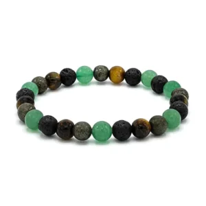 010012715 Armband voor brede pols met groene kwarts, lavasteen, tijgeroog en pyriet