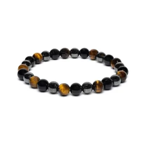 010012718 Armband voor brede pols met tijgeroog, hematiet en obsidiaan